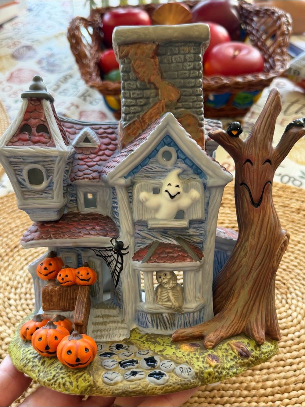 PartyLite Halloween Haunted House Figurine in White, Orange, Brown, Blue